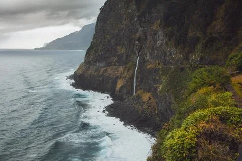Drone view of Cascata do Corrego da Furna in Madeira, Portugal Stock Photos