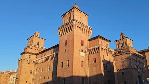 Drone view of Castello Estense in Ferrara, Italy Stock Footage 335145230