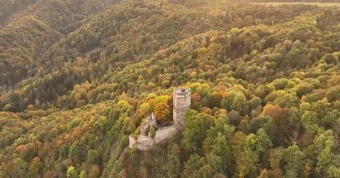 Drone View of a Castle Hidden in a Lush Forest Stock Photos