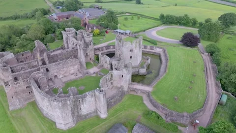 Drone view of castle ruin in Raglan, Wales (1) 動画素材 277400359