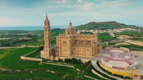 Drone view of catholic Ta' Pinu church on Gozo island, Malta Stock Footage 330063596