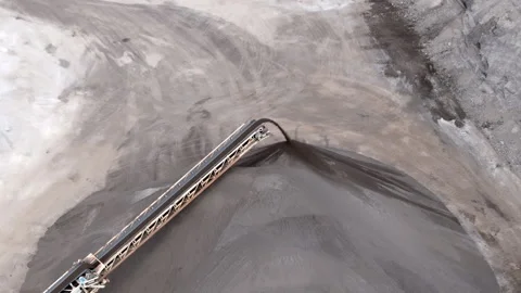 Drone view of cement processing industry with conveyors under operation. Close Stock Footage 316283222