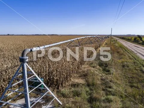 Drone view of center pivot irrigation on corn field Stock Photos