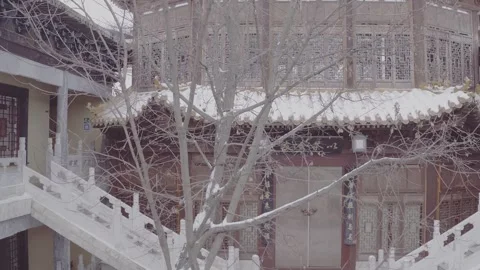 Drone view of central Chinese temple pavilion in snow Vidéo 320355782