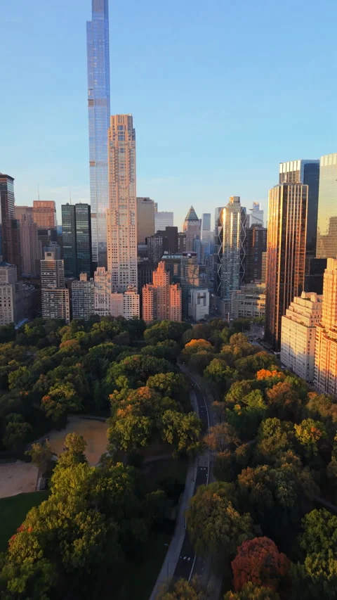 Drone view of Central Park New York with Midtown Manhattan skyline at sunset Stock Footage 325044830