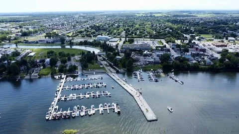 Drone view of Chambly channel, fort, yacht dock. Stock Footage 346505510