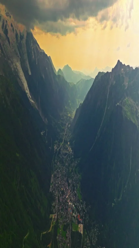 Drone view of Chamonix. Chamonix-Mont-Blanc is a resort town in France near the Stockbeeldmateriaal 302220764