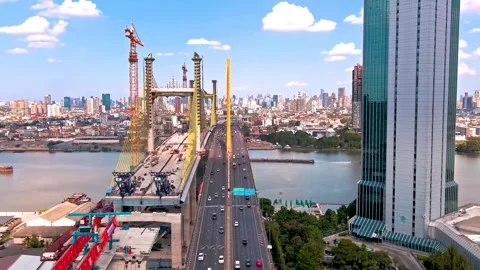 Drone view of Chao Phraya bridge under construction, Bangkok Stock Footage 247355327