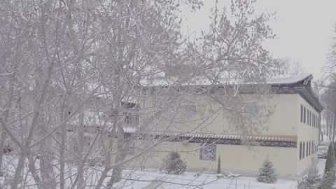 Drone view of Chinese temple complex in winter snow, D-Log footage Stock Footage 320414008
