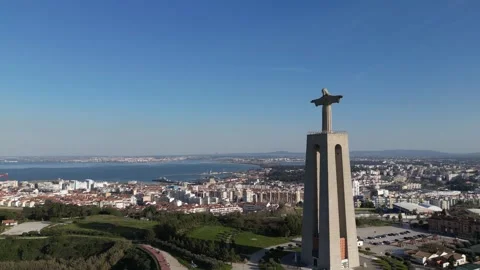 Drone view of Christ the King Statue in Lisbon Stock Footage 250027011