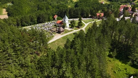 Drone View, Church of Saints Peter and Paul the Apostles and Sirogojno Serbia Stock Footage 346501660