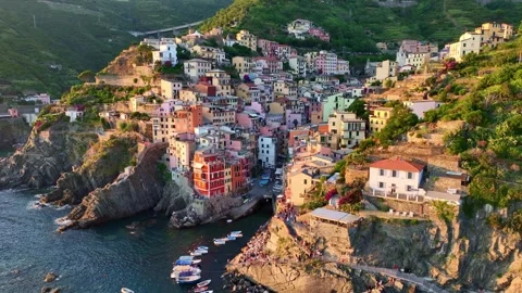 Drone view of Cinque terra coast in Italy, Italian riviera in Liguria aerial Stock Footage 281403568
