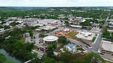 Drone View of Circular Building and Downtown Kerrville Streets Stock Footage 345145200