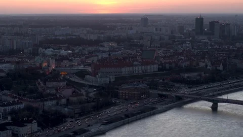 Drone view of city, bridge and river during sunset Stock Footage 89665239