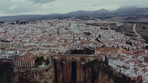 Drone view of a city on the cliffs in Spain Stock Footage 255640829