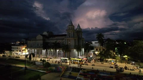 DRONE VIEW, CITY HALL IN MIDDLE GREAT STORM LIGHTNING 動画素材 154055576