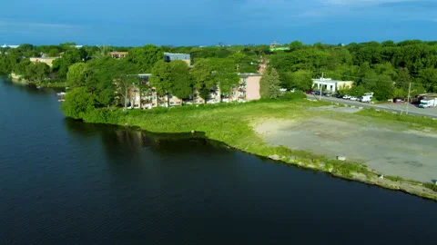 Drone view, city of laval, landscape, summer season, calm river, 4K Stock Footage 203620331
