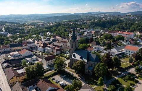 Drone view of the city of Pregarten. Clock tower on the square in Austria, Tyrol Stock Photos