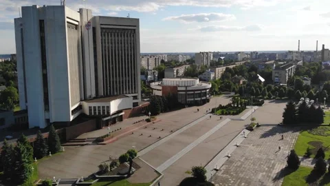 Drone View Of The City Square With A Large Office Building (Vinnytsia, Ukraine) Stock Footage 195235679