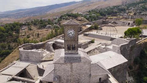 Drone View of Clock Tower at Gjirokaster Fortress Albania Stock Photos