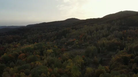 Drone view of cloudy sky and trees cover autumn hills during calm warm sunset Stock Footage 255142707