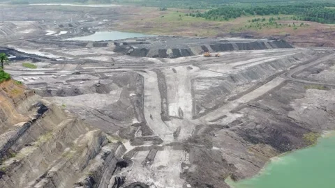 Drone view of coal mining activities, coal transport trucks loading and spr.. Stock Footage 327995066