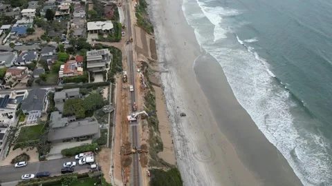 Drone View of Coastal Railway Stabilization in Del Mar Stock Footage 327575574