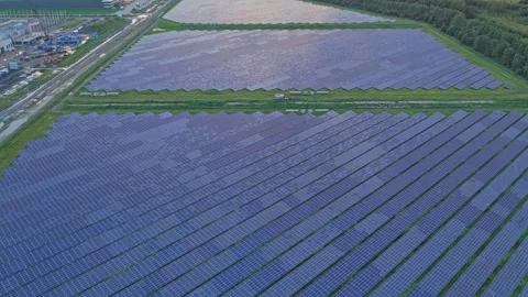 Drone view of coastal solar array at sunrise, Netherlands Stock Footage 315660521