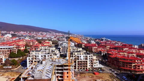 Drone view of coastal town skyline with red roofs, Bulgaria Video stock 343848784