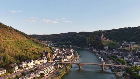 Drone view of Cochem Castle above the Moselle River valley Stock Footage 342335609