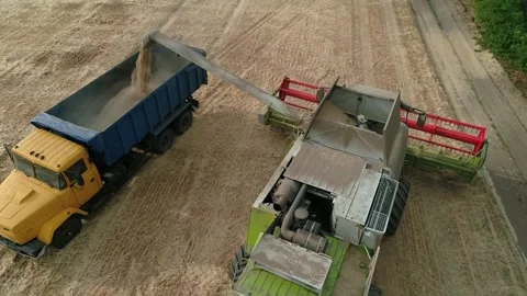 Drone view of combine loading off corn grains into truck. Agricultural machines 스톡 동영상 248050027