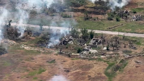 Drone View: Complete Devastation of Rural Village and Farm Buildings Stockbeeldmateriaal 332354740