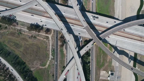 Drone view of complex highway interchange of 710 freeway parallel to Los Stock Footage 255314199