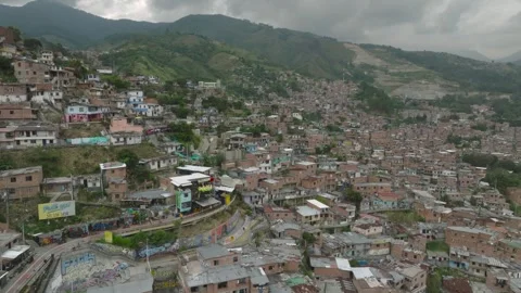 Drone view of Comuna 13's dynamic urban environment Stock Footage 283906496