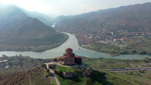 Drone view of confluence of two rivers and Jvari monastery Stock Footage 224945910