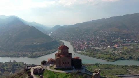 Drone view of confluence of two rivers in Georgia country Stock Footage 224946452