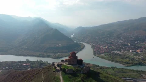 Drone view of confluence of two rivers and Jvari monastery in Georgia country Video stock 224946527