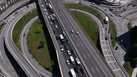 Drone View of Congested Multi-Lane City Highways. Traffic Infrastructure Stock Footage 336632665