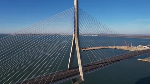Drone View of Constitution of 1812 Bridge in Cadiz, Spain. Evening Traffic and Stock Footage 344400996