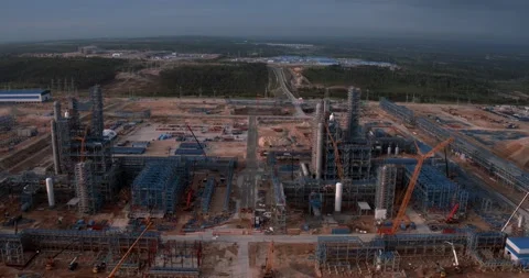 Drone view of the construction of a huge factory Stock Footage 138255596