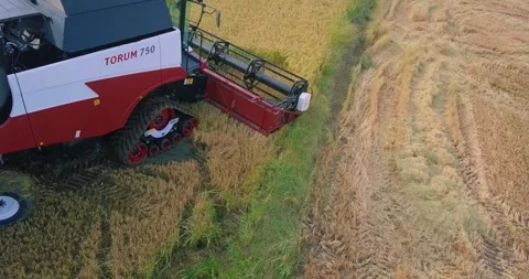 Drone view of the construction machine working in the agricultural land Stock Footage 257265461