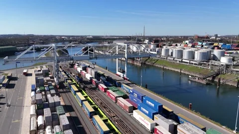 Drone view of container crane loading freight train Stock Footage 340197953