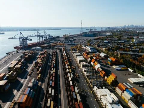 Drone view of a container port, Docker. Montreal, Quebec, Canada Stock Photos