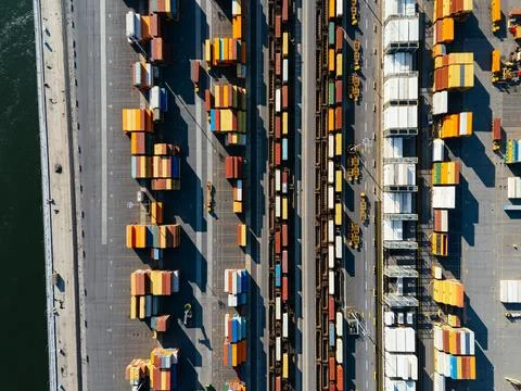 Drone view of a container port, Docker. Montreal, Quebec, Canada Foto stock