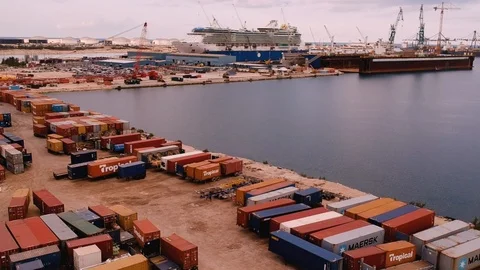 Drone View of Container Storage Area by Grand Bahama Shipyard, Freeport Stock Footage 99019870
