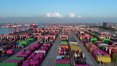 Drone View of Container Terminal with Cranes and Stacked Cargo Stock-Footage 318115784