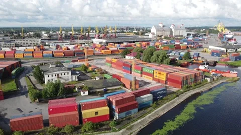 Drone view of containers in a warehouse in the seaport Stock Footage 159060509