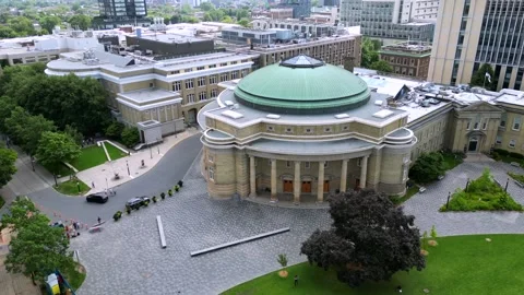 Drone View of Convocation Hall at University of Toronto in Summer Stock Footage 314659389