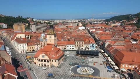 Drone View  Of Council Square And Old Town In Brasov. Romania. Stock Footage 197670541