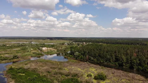 Drone View Of Countryside With Rivers, Forests, And Fields Under Cloudy Sky Видео 302887865